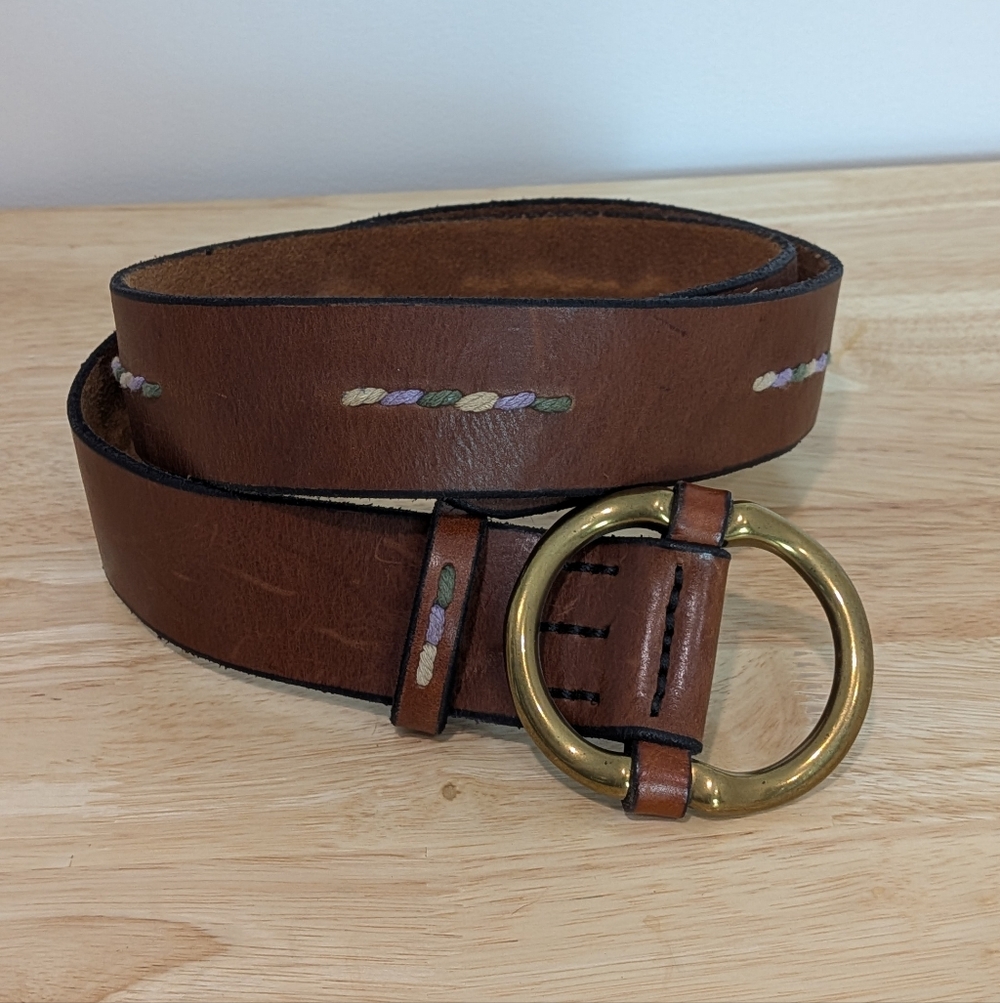 VTG Lucky Brand Leather Embroidered Belt 36" Western Boho Brass Brown